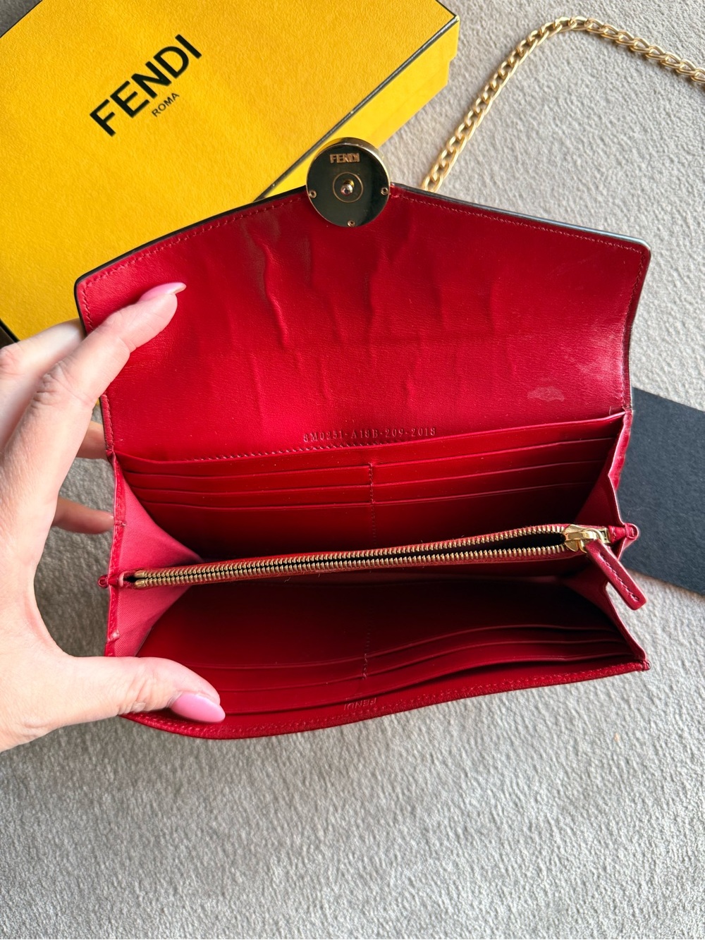 Fendi Red Leather Long Wallet with Gold Chain Insert & Box COA - Picture 8 of 11